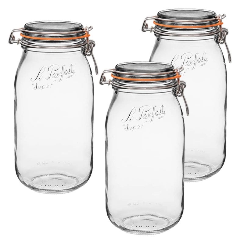 Le Parfait Super Jar, Canning Jars, 2L French Glass Canning Jar w/Round Body, Glass Jars w/Airtight Lid, Canning Jars Wide Mouth, Glass Jar With Lid, Clear Jar, Clear Glass Jars (64oz/2 Quarts, 3 pk) - Image 1